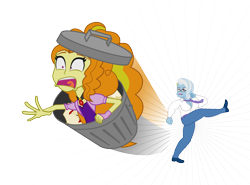 Size: 7646x5661 | Tagged: safe, derpibooru import, adagio dazzle, trixie, equestria girls, absurd resolution, abuse, adagiabuse, don't fuck with this senator, garbagio, kicking, konami, metal gear, metal gear rising, nanomachines, senator armstrong, trash can