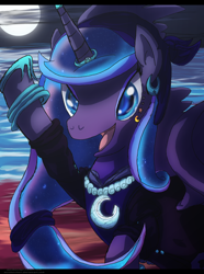 Size: 1024x1379 | Tagged: safe, artist:autobotchari, princess luna, alicorn, pony, horn ring, moon, pirate, raised hoof, solo