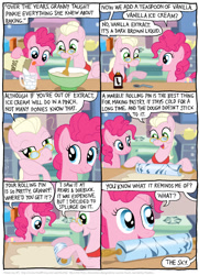 Size: 790x1094 | Tagged: safe, artist:kturtle, pinkie pie, snips, sugar, earth pony, pegasus, pony, comic:the story of granny pie, bowl, comic, dough, duo, female, filly, glasses, granny pie, kitchen, mare, mouth hold, rolling pin, rule 63, spoon, vanilla extract