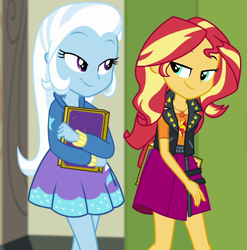Size: 1062x1073 | Tagged: safe, derpibooru import, screencap, sunset shimmer, trixie, better together, equestria girls, forgotten friendship, canterlot high, clothes, cropped, cute, diatrixes, female, geode of empathy, hallway, hoodie, lidded eyes, magical geodes, skirt