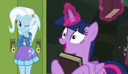 Size: 1540x890 | Tagged: safe, derpibooru import, trixie, twilight sparkle, twilight sparkle (alicorn), alicorn, better together, equestria girls, forgotten friendship, book, cropped, cute, diatrixes, female, lesbian, levitation, magic, one eye closed, shipping, telekinesis, twixie, wink