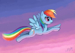 Size: 1100x778 | Tagged: safe, artist:jennifereasley, rainbow dash, pegasus, pony, flying, signature, solo