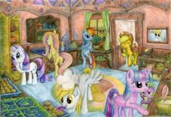 Size: 2001x1380 | Tagged: safe, artist:holyandrew, derpibooru import, applejack, derpy hooves, dinky hooves, fluttershy, pinkie pie, rainbow dash, rarity, spike, twilight sparkle, dragon, earth pony, pegasus, pony, unicorn, female, interior, mane seven, mare