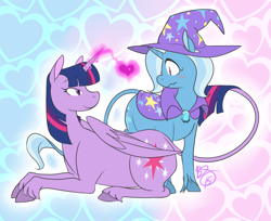 Size: 1024x836 | Tagged: safe, artist:collaredginger, derpibooru import, trixie, twilight sparkle, twilight sparkle (alicorn), alicorn, classical unicorn, pony, female, leonine tail, lesbian, mare, shipping, twixie