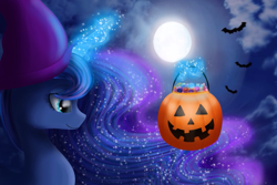 Size: 1500x1000 | Tagged: safe, artist:chanceyb, princess luna, alicorn, bat, pony, candy, halloween, hat, holiday, jack-o-lantern, magic, moon, night, pumpkin, solo, telekinesis, wizard hat