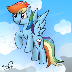 Size: 1000x1000 | Tagged: safe, artist:sirpayne, rainbow dash, pegasus, pony, cloud, cloudy, female, flying, mare, signature, solo