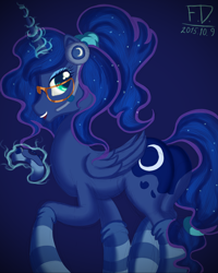 Size: 1636x2048 | Tagged: safe, artist:fluffydus, princess luna, alicorn, pony, clothes, controller, cute, gamer luna, glasses, headset, lunabetes, plot, ponytail, socks, solo, striped socks