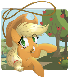 Size: 1226x1386 | Tagged: safe, artist:nabbiekitty, applejack, earth pony, pony, lasso, mouth hold, solo, tree