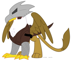 Size: 955x811 | Tagged: safe, artist:faith-wolff, derpibooru import, oc, oc only, oc:shyzo, griffon, armor, chainmail, clothes, game of thrones, griffon oc, helmet, hidden face, simple background, solo, transparent background