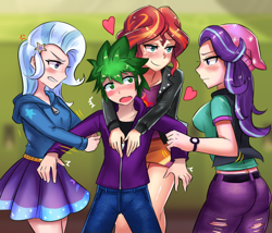Size: 800x686 | Tagged: safe, artist:tzc, derpibooru import, spike, starlight glimmer, sunset shimmer, trixie, human, equestria girls, ass, beanie, bisexual, blushing, canterlot high, clothes, commission, female, glimmer glutes, hallway, hat, heart, hoodie, human spike, humanized, jacket, leather, leather jacket, lesbian, lockers, lucky bastard, male, midriff, miniskirt, pants, polyamory, shipping, size difference, skirt, smaller male, smiling, sparlight, sparlixie, spike gets all the equestria girls, spike gets all the mares, spixie, straight, sunsetspike