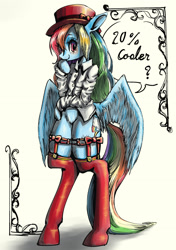 Size: 2039x2894 | Tagged: safe, artist:unousaya, rainbow dash, pegasus, pony, semi-anthro, 20% cooler, abstract background, bipedal, bottomless, clothes, female, hat, looking at you, mare, rainbow dash always dresses in style, shirt, simple background, solo, speech bubble, stockings, thigh highs