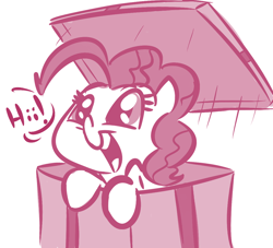 Size: 900x818 | Tagged: safe, artist:tess, pinkie pie, earth pony, pony, box, cute, diapinkes, female, hi, leaning, mare, monochrome, open mouth, pony in a box, present, smiling, solo