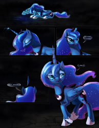 Size: 833x1078 | Tagged: safe, artist:t0xiceye, princess luna, alicorn, pony, empty darkness, fanfic art, magic, prone, worried