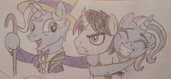 Size: 1334x617 | Tagged: safe, artist:jebens1, derpibooru import, jack pot, trixie, oc, pony, colored pencil drawing, curved horn, father and child, father and daughter, female, frown, horn, hug, male, parent and child, traditional art