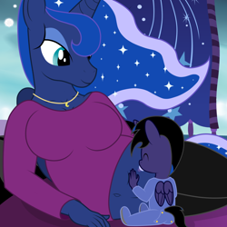 Size: 1024x1024 | Tagged: safe, artist:20thx5150, princess luna, oc, alicorn, anthro, alicorn oc, anthro oc, baby, belly button, clothes, duo, female, horn, midriff, mother and child, pacifier, parent and child, parent:princess luna, pregnant, wings