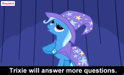 Size: 1600x973 | Tagged: safe, derpibooru import, trixie, pony, unicorn, comic:celestia's servant interview, cape, caption, clothes, cs captions, female, hat, interview, mare, solo, trixie's cape, trixie's hat