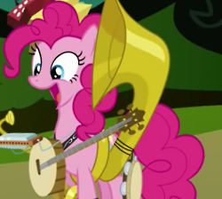 Size: 250x224 | Tagged: safe, screencap, pinkie pie, earth pony, pony, swarm of the century, accordion, banjo, cropped, cymbals, female, harmonica, mare, musical instrument, one-pony band, open mouth, solo, sousaphone, tambourine, trombone