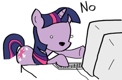 Size: 1306x856 | Tagged: safe, derpibooru import, twilight sparkle, :d, computer, no, pointing, reaction image, solo