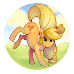 Size: 600x600 | Tagged: safe, artist:flying-fox, applejack, earth pony, pony, blonde mane, female, mare, missing accessory, orange coat, solo