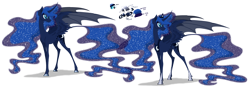 Size: 3927x1404 | Tagged: safe, artist:grievousfan, princess luna, alicorn, pony, bat wings, color palette, curved horn, ear fluff, hybrid wings, simple background, solo, spread wings, transparent background