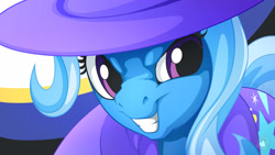 Size: 1920x1080 | Tagged: safe, artist:mysticalpha, derpibooru import, trixie, pony, unicorn, clothes, female, hat, looking at you, mare, solo, trixie's hat