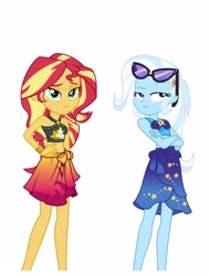 Size: 3106x4096 | Tagged: safe, artist:remcmaximus, artist:whalepornoz, derpibooru import, edit, sunset shimmer, trixie, better together, equestria girls, forgotten friendship, belly button, bikini, clothes, crossed arms, duo, female, looking at you, midriff, raised eyebrow, sarong, sexy, simple background, skirt, sleeveless, stomach, sunglasses, swimsuit