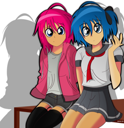 Size: 882x907 | Tagged: safe, artist:noah-x3, oc, oc only, oc:neon flare, human, anime, clothes, couple, humanized, humanized oc, jacket, looking at you, miniskirt, sailor uniform, school uniform, schoolgirl, shirt, shorts, skirt, socks, stockings, table, thigh highs