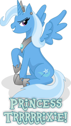 Size: 1024x1797 | Tagged: safe, artist:bella-mia-d, derpibooru import, trixie, alicorn, pony, alicornified, bedroom eyes, best princess, grin, looking at you, race swap, raised hoof, simple background, sitting, smirk, solo, spread wings, transparent background, trixiecorn, xk-class end-of-the-world scenario