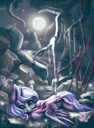 Size: 2000x2720 | Tagged: safe, artist:hamatte, princess luna, alicorn, pony, blanket, cave, moon, s1 luna, solo