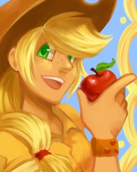 Size: 600x750 | Tagged: safe, artist:t1mco, applejack, apple, food, humanized, solo