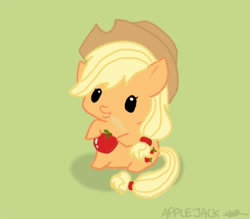 Size: 800x700 | Tagged: safe, artist:kbcookie, applejack, earth pony, pony, apple, chibi, food, sitting, solo