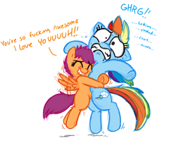 Size: 990x833 | Tagged: safe, artist:mickeymonster, rainbow dash, scootaloo, pegasus, pony, hug, vulgar