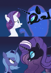 Size: 600x863 | Tagged: safe, artist:sketch-shepherd, idw, nightmare moon, nightmare rarity, princess luna, rarity, alicorn, pony, unicorn, friendship is magic, comparison, karma, role reversal, s1 luna, scene interpretation, unamused