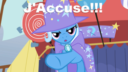 Size: 925x520 | Tagged: safe, derpibooru import, screencap, trixie, pony, unicorn, female, french, image macro, mare, meme, pointing, serious face, solo, trixie yells at everything