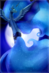 Size: 1010x1500 | Tagged: safe, artist:lou1911, princess luna, alicorn, pony, bat wings, both cutie marks, flying, looking back, moon, solo