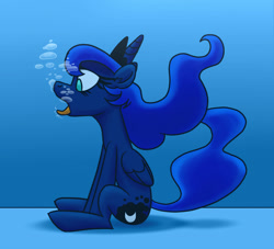 Size: 1200x1090 | Tagged: safe, artist:uwdr-64, princess luna, alicorn, pony, bubble, female, mare, sitting, solo, swimming pool, tongue out, underwater