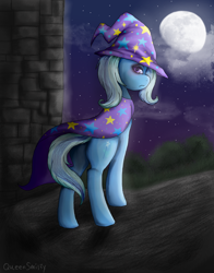 Size: 1024x1309 | Tagged: safe, artist:queensmil3y, derpibooru import, trixie, pony, unicorn, female, mare, moon, night, solo, stars, trixie's cape, trixie's hat