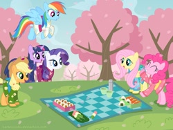 Size: 1600x1200 | Tagged: safe, artist:baraniruchu, derpibooru import, applejack, fluttershy, pinkie pie, rainbow dash, rarity, twilight sparkle, earth pony, pegasus, pony, unicorn, cherry blossoms, food, japanese, kimono (clothing), ponies eating meat, ponies eating seafood, seafood, sushi, vector, yukata