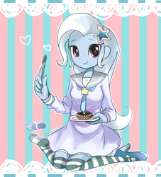 Size: 674x743 | Tagged: safe, artist:moufu, derpibooru import, trixie, equestria girls, blushing, cake, clothes, cute, diatrixes, dress, female, fork, high heels, looking at you, shoes, smiling, solo, stockings