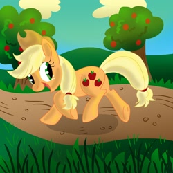 Size: 2000x2000 | Tagged: safe, artist:cavyspirit, applejack, earth pony, pony, high res, road, solo, tree