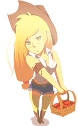 Size: 612x985 | Tagged: safe, artist:irsaona, applejack, basket, humanized, solo