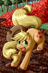 Size: 800x1220 | Tagged: safe, artist:shaami, applejack, earth pony, pony, apple, mud, solo, tree