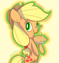 Size: 545x586 | Tagged: safe, artist:sunomii, applejack, earth pony, pony, bipedal, food, heart, pie, solo