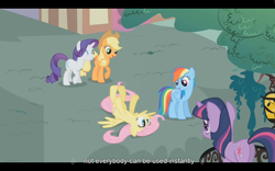 Size: 1024x640 | Tagged: safe, derpibooru import, screencap, applejack, fluttershy, rainbow dash, rarity, twilight sparkle, earth pony, pegasus, pony, unicorn, dragonshy, youtube caption