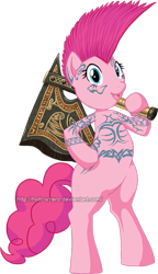 Size: 469x816 | Tagged: safe, artist:hollowzero, pinkie pie, pony, axe, bipedal, commission, crossover, ponified, slayer, tattoo, warhammer (game), warhammer fantasy