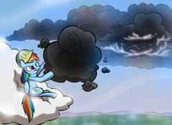 Size: 1000x727 | Tagged: safe, artist:willdrawforfood1, rainbow dash, pegasus, pony, cloud, cloudy, hard hat, hat, lightning, solo, stormcloud