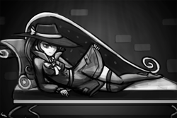 Size: 1125x750 | Tagged: safe, artist:lumineko, rarity, equestria girls, rarity investigates, breasts, clothes, detective, detective rarity, draw me like one of your french girls, equestria girls interpretation, fainting couch, female, hat, looking at you, missing shoes, monochrome, scene interpretation, sexy, skirt, skirt lift, smirk, sofa, solo, stockings, stupid sexy rarity, teasing, thigh highs