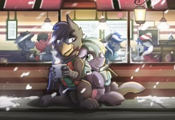 Size: 4095x2800 | Tagged: safe, artist:saxopi, derpibooru import, oc, oc only, oc:daturea eventide, oc:harpy, oc:loveshy, griffon, absurd resolution, chocolate, christmas sweater, clothes, food, gay, griffon oc, hot chocolate, hug, male, snow, snuggling, sock, sweater, winghug