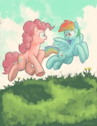 Size: 720x936 | Tagged: safe, artist:docwario, pinkie pie, rainbow dash, earth pony, pegasus, pony, duo, female, flying, grass, happy, jumping, looking at each other, mare, running