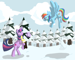 Size: 1080x854 | Tagged: safe, artist:otakugal15, derpibooru import, rainbow dash, twilight sparkle, pegasus, pony, clothes, scarf, snow, snowball, snowpony